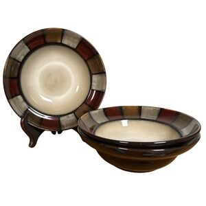 Pfaltzgraff Taos Soup Cereal Bowls Brown Terracotta Stoneware Geometric Set/3